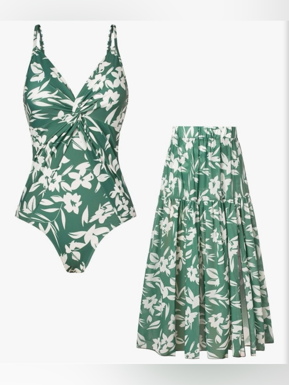 Grace Karin One Piece Swimsuit Cover Up Skirt Tummy Control Green Floral L NWT